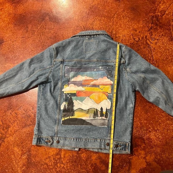 Pull Bear Denim Jacket Hand Painted Mountain Sunset Scene Mens XL - Picture 7 of 8